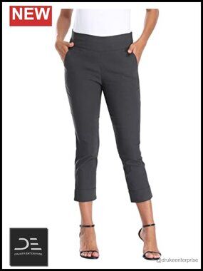 Pull On Capri Pants for Women with Pockets Elastic Waist Cropped Work Pants